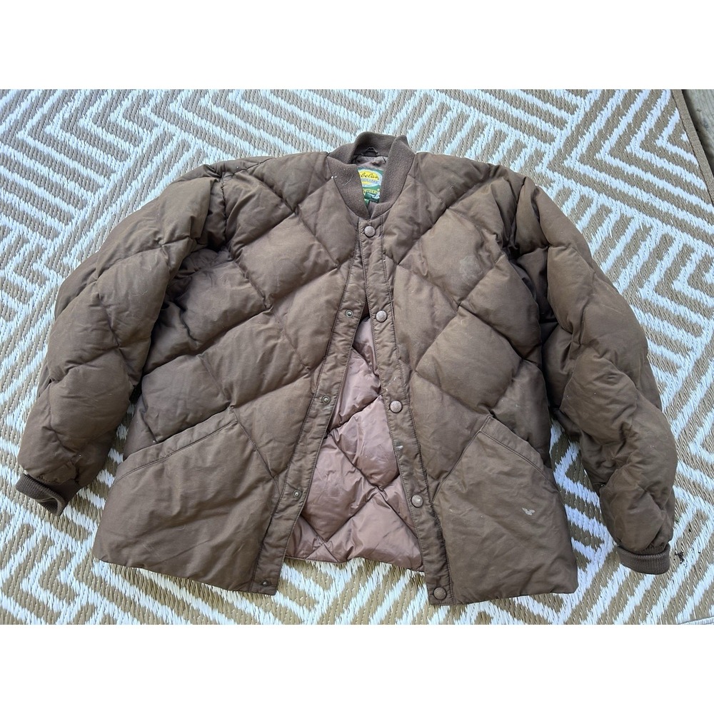 vintage CABELAS quilted puffer GOOSE DOWN bomber jacket large brown hunting
